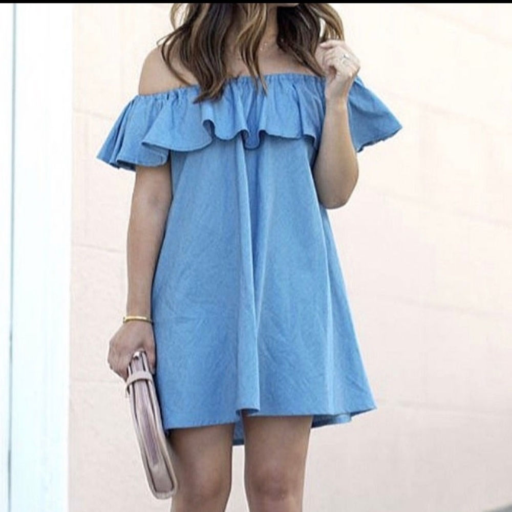 Haute Monde Light Blue Off-Shoulder Mini Dress